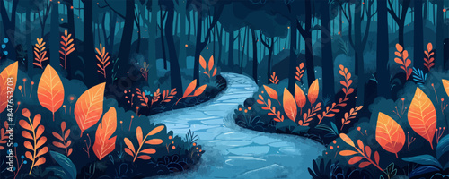 Enchanted forest with winding paths and hidden creatures Vector flat minimalistic isolated illustration