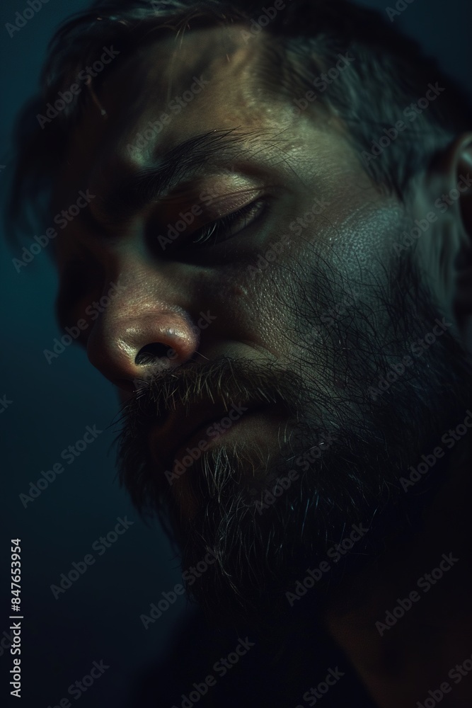 Man in a moment of profound introspection and sorrow, his eyes closed as shadows play across his face, suggesting deep emotional turmoil or sadness. Depression. Man in a moment of profound introspection and sorrow, his eyes closed as shadows play across his face, suggesting deep emotional turmoil or sadness. Depression.