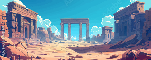 Ancient ruins with intricate stone carvings and hieroglyphics Vector flat minimalistic isolated illustration