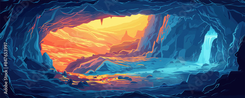 A mystical dragon's lair hidden deep within a mountain cavern. Vector flat minimalistic isolated illustration.