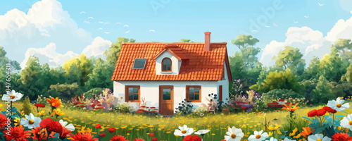 A serene countryside cottage surrounded by blooming wildflowers and lush greenery. Vector flat minimalistic isolated illustration.