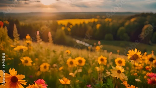 Golden Sunflowers Blooming in Sunlit Meadow at Dusk