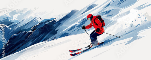 A skier carving turns down a snowy mountain slope, experiencing the thrill of winter sports on a white background. Vector flat minimalistic isolated