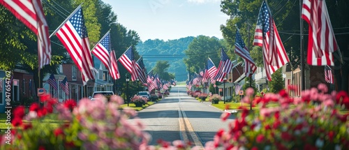 American flags line a suburban street, with vibrant flowers in the foreground.