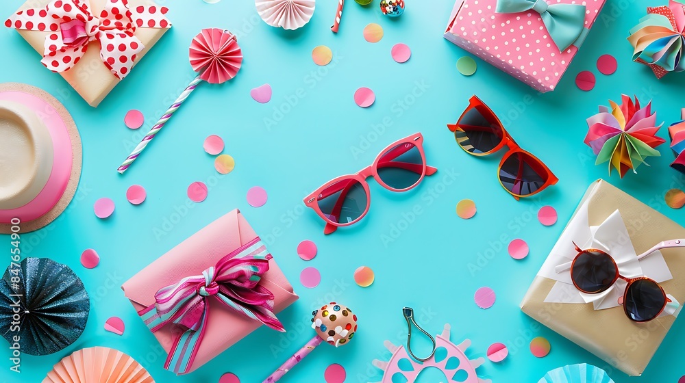 Fototapeta premium Flatlay composition with accessories for a party or birthday on a colored background