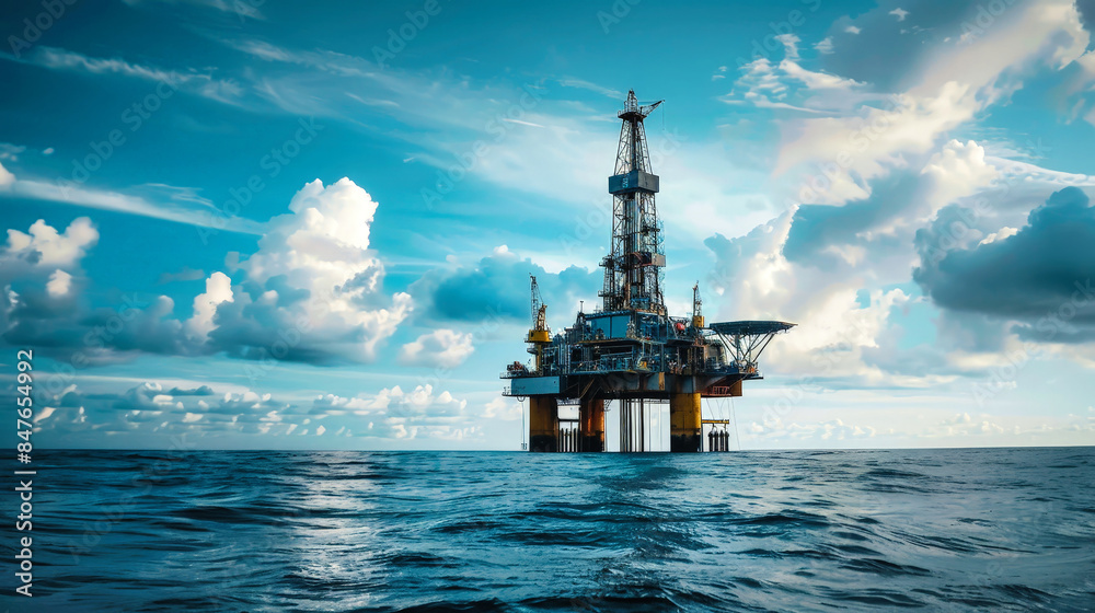An oil and gas production platform stands tall in the middle of the ocean, with a cloudy sky above An oil and gas production platform stands tall in the middle of the ocean, with a cloudy sky above