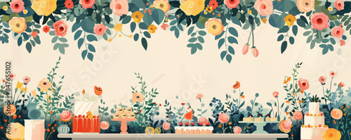 A garden party with lots of flowers and decorations. Vector flat minimalistic isolated