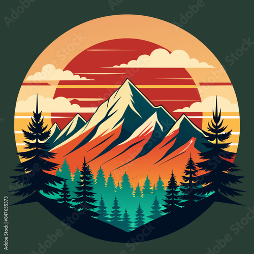 mountain and forest illustration with retro style for t-shirt design