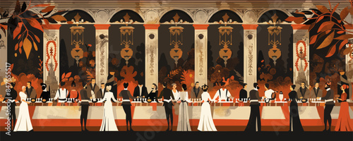 Renaissance-style painting of a lavish banquet. Vector flat minimalistic isolated illustration.