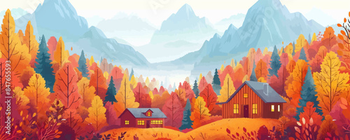 A serene mountain retreat with cozy log cabins nestled among autumn foliage. Vector flat minimalistic isolated illustration.