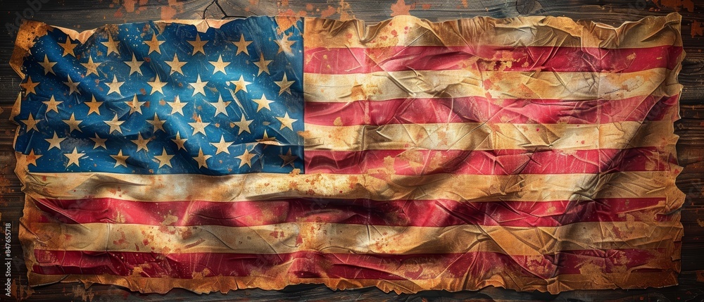 Worn and weathered American flag with faded stars and stripes. Worn and weathered American flag with faded stars and stripes.