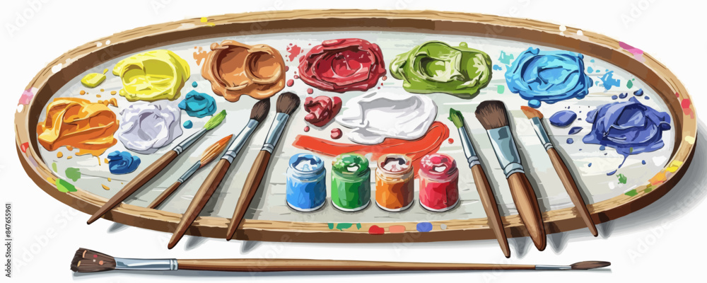 Naklejka premium Artist's palette with colorful paints and paintbrushes on a clean white background. Vector flat isolated illustration.