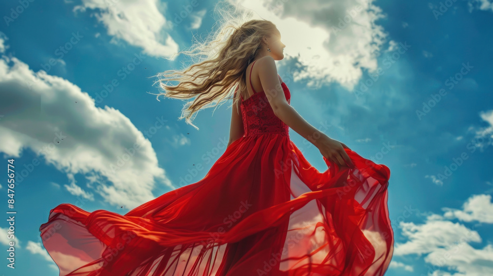 A woman in a flowing red dress stands facing the sky. The wind blows ...