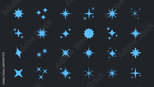 Retro futuristic bright vector blue icons collection. Set of original star sparkle shapes. Abstract shine effect vector sign. Glowing light effect, twinkle templates stars and bursts, shiny flash.