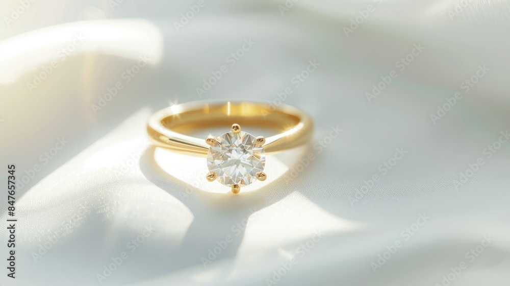 Diamond ring with gold setting against a white backdrop Diamond ring with gold setting against a white backdrop