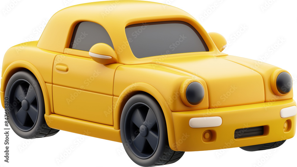 3D illustration of a yellow toy car with black wheels and eyeballs isolated on transparent background. 3D illustration of a yellow toy car with black wheels and eyeballs isolated on transparent background.