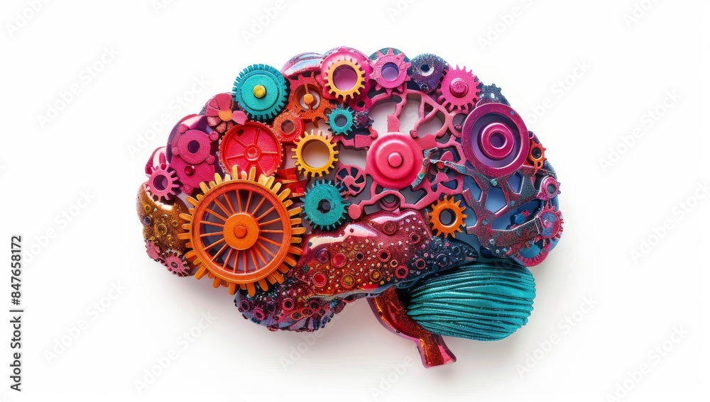 A colorful brain made of gears and cogs, representing the intricate process behind thinking in an isolated white background A colorful brain made of gears and cogs, representing the intricate process behind thinking in an isolated white background
