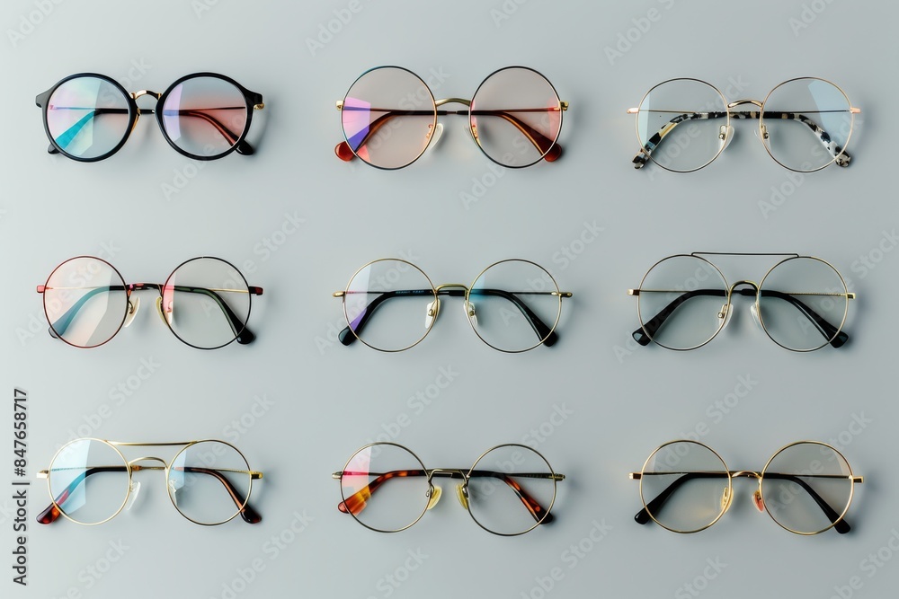 Many glasses on light grey background, different eyewear, stylish eyeglasses set flat lay Many glasses on light grey background, different eyewear, stylish eyeglasses set flat lay