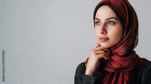 Muslim woman in hijab standing with thoughtful expression, white photo studio background, the woman holds her chin with one hand while looking into space