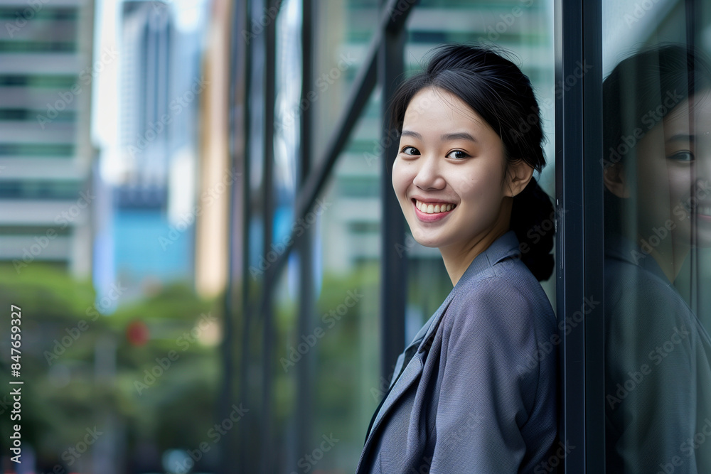 Smiling Asian Office Lady in Office Building Background Smiling Asian Office Lady in Office Building Background