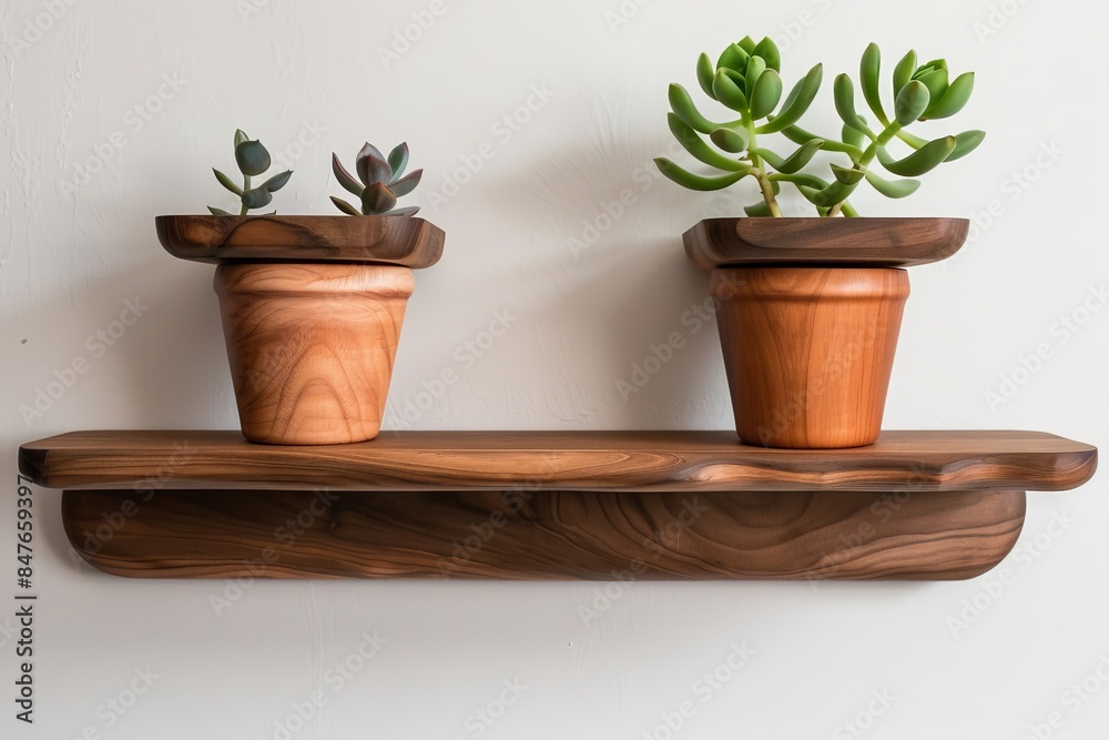 Fototapeta premium Two floating shelves made of solid walnut wood, each holding one potted plant against white wall background.