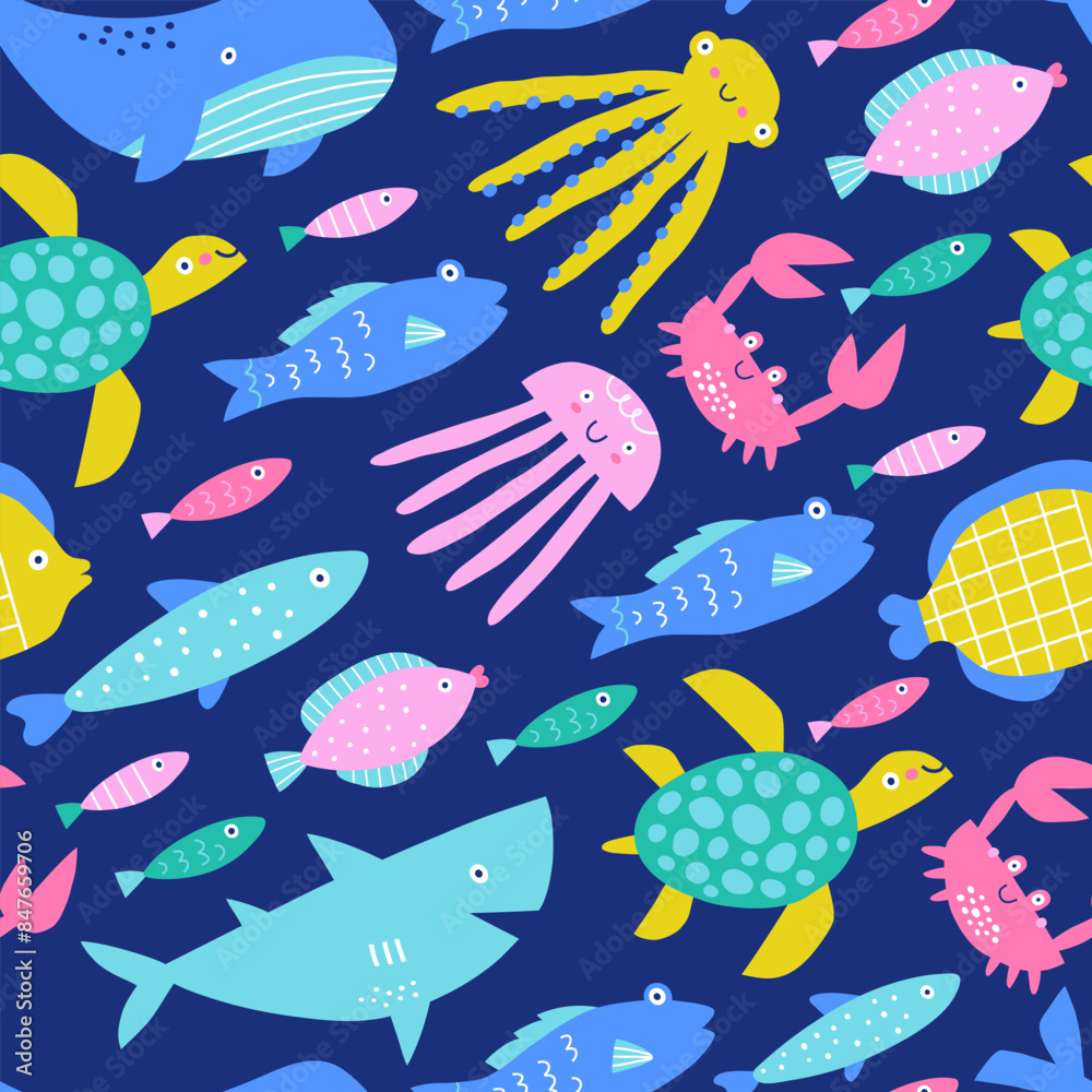 Sea life seamless pattern. Cute fish, plants and marine life. Childish print for clothes, textile, wallpaper, baby shower. Sea life seamless pattern. Cute fish, plants and marine life. Childish print for clothes, textile, wallpaper, baby shower.