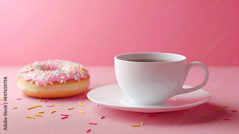 Sweet donut or doughnut with hot cup of fresh coffee or tea isolated on colorful background Sweet donut or doughnut with hot cup of fresh coffee or tea isolated on colorful background