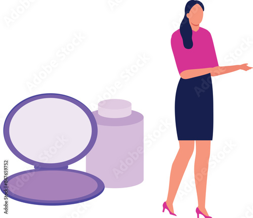 The girl is explaining about the face powder.