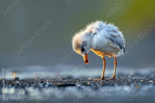 Young seagull, black headed gull outdoor, wild sea bird on blurred background, copy space photo