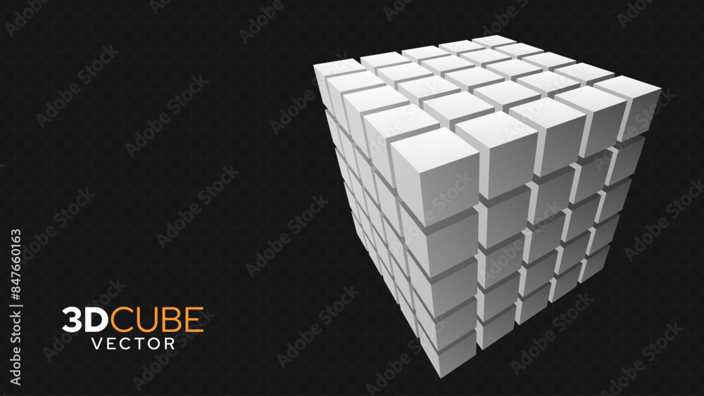 Fototapeta premium 3D White Cube of Cubes in Perspective. Flying Cubes On A Transparent Background. Vector Illustration For Advertising.
