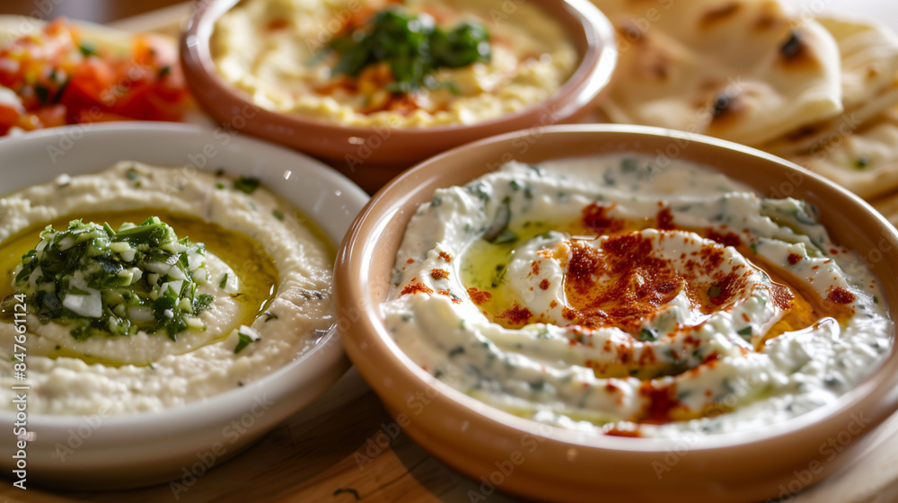Pita Bread with Variety of Mediterranean Dips Pita Bread with Variety of Mediterranean Dips
