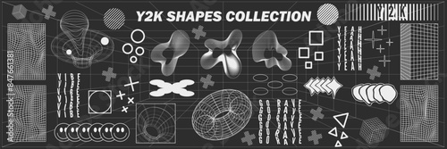 Abstract geometry hud wireframe shapes and patterns, cyberpunk elements, icon s and perspective grid s. Surreal geometric signs. Rave psychedelic futuristic Y2k acid aesthetic set. Vector illustration