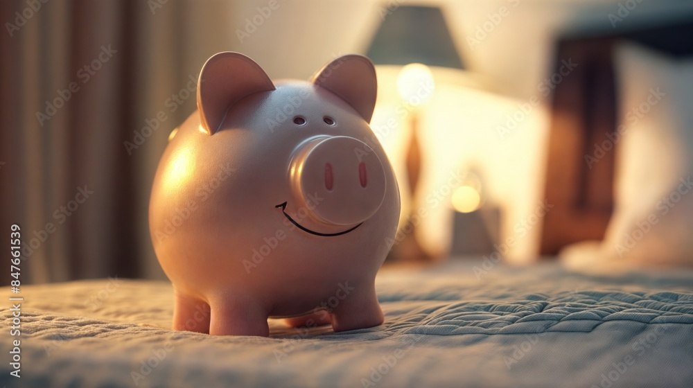 A pink piggy bank sits on a bed, symbolizing the joy of saving money. The soft lighting and cozy atmosphere create a sense of comfort and wonder A pink piggy bank sits on a bed, symbolizing the joy of saving money. The soft lighting and cozy atmosphere create a sense of comfort and wonder