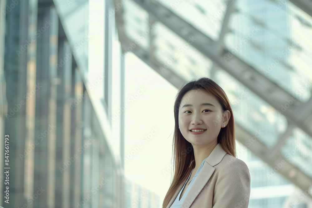 Smiling Asian Office Lady in Office Building Background Smiling Asian Office Lady in Office Building Background