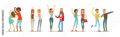 People Character Fighting and Quarrelling Making Loud Public Scandal Vector Set