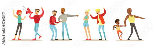 People Character Fighting and Quarrelling Making Loud Public Scandal Vector Set