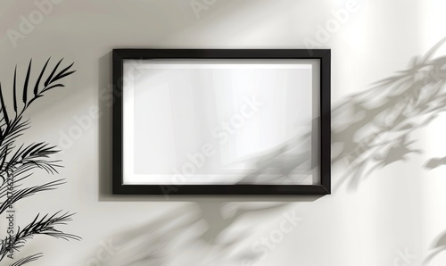 A realistic mockup of an empty black picture frame with a white background on a white backdro