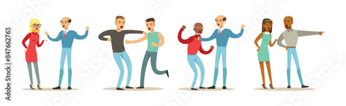 People Character Fighting and Quarrelling Making Loud Public Scandal Vector Set