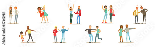 People Character Fighting and Quarrelling Making Loud Public Scandal Vector Set