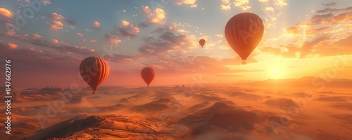 Hot air balloons rising over a serene desert landscape at sunrise, 4K hyperrealistic photo. photo