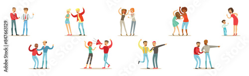People Character Fighting and Quarrelling Making Loud Public Scandal Vector Set