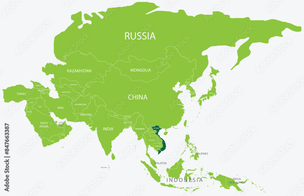 Fototapeta premium Highlighted green map of VIETNAM inside light green political map of Asia using orthographic projection on light blue background