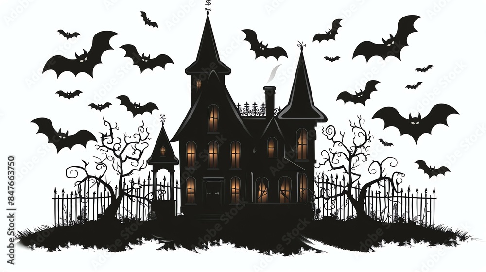 A haunted house with bats. The house has a dark, sinister look, and the bats add to the spooky atmosphere.