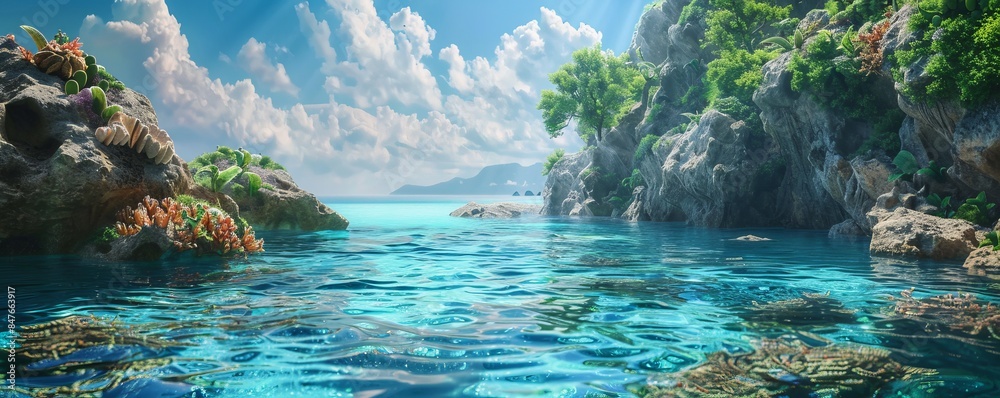 Tranquil coral reef lagoon with crystal-clear water, 4K hyperrealistic photo Tranquil coral reef lagoon with crystal-clear water, 4K hyperrealistic photo