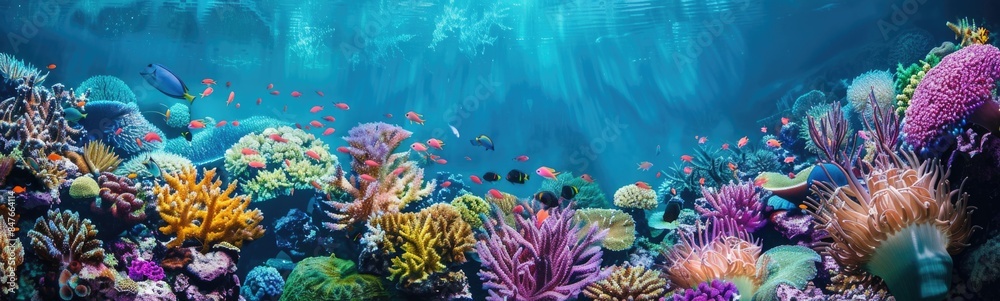 Many different types of fish swimming, colorful coral reefs