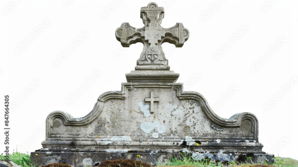 Obraz premium ancient gravestone with reflection isolated on white background