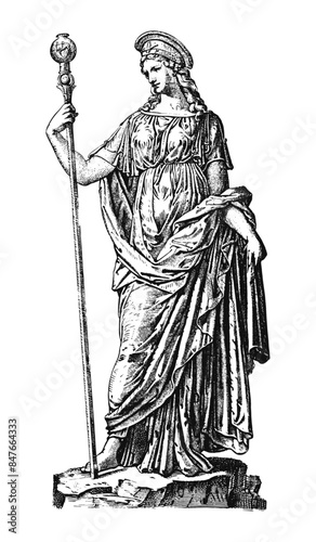 Woodcut illustration of a greek goddess. Vintage grunge vector design element for artworks, poster, cards, web and collages.