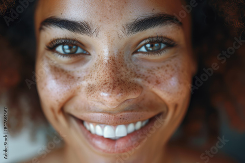 Close-up portrait of a person with a joyful expression, showing their broad smile and gleaming eyes, embodying pure happiness.. AI generated.
