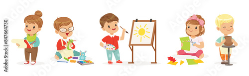 Kids Doing Creative Activity and Craft Hobby in Art Workshop Vector Set