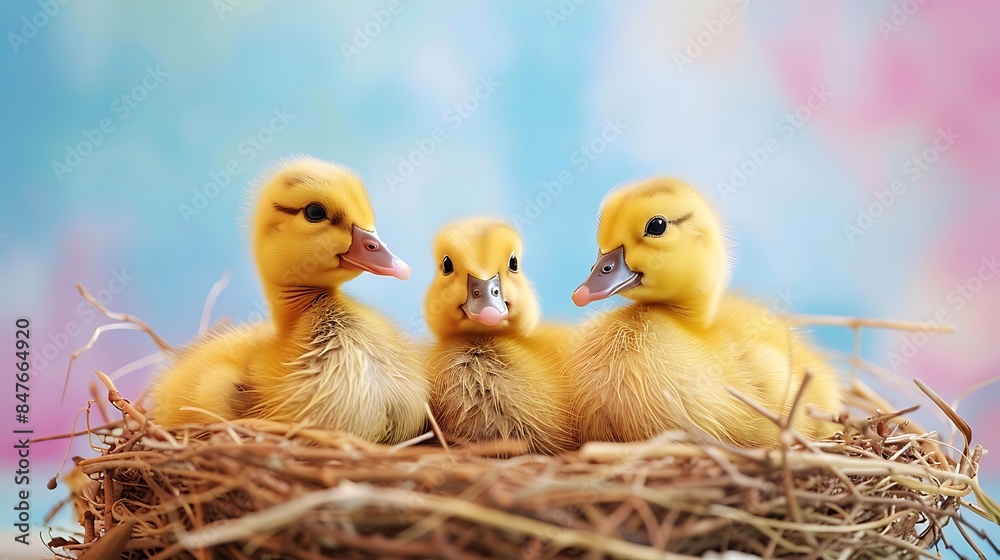 Three yellow ducklings await the birth of their siblings about to hatch in the bird nest isolated on colorful background Three yellow ducklings await the birth of their siblings about to hatch in the bird nest isolated on colorful background